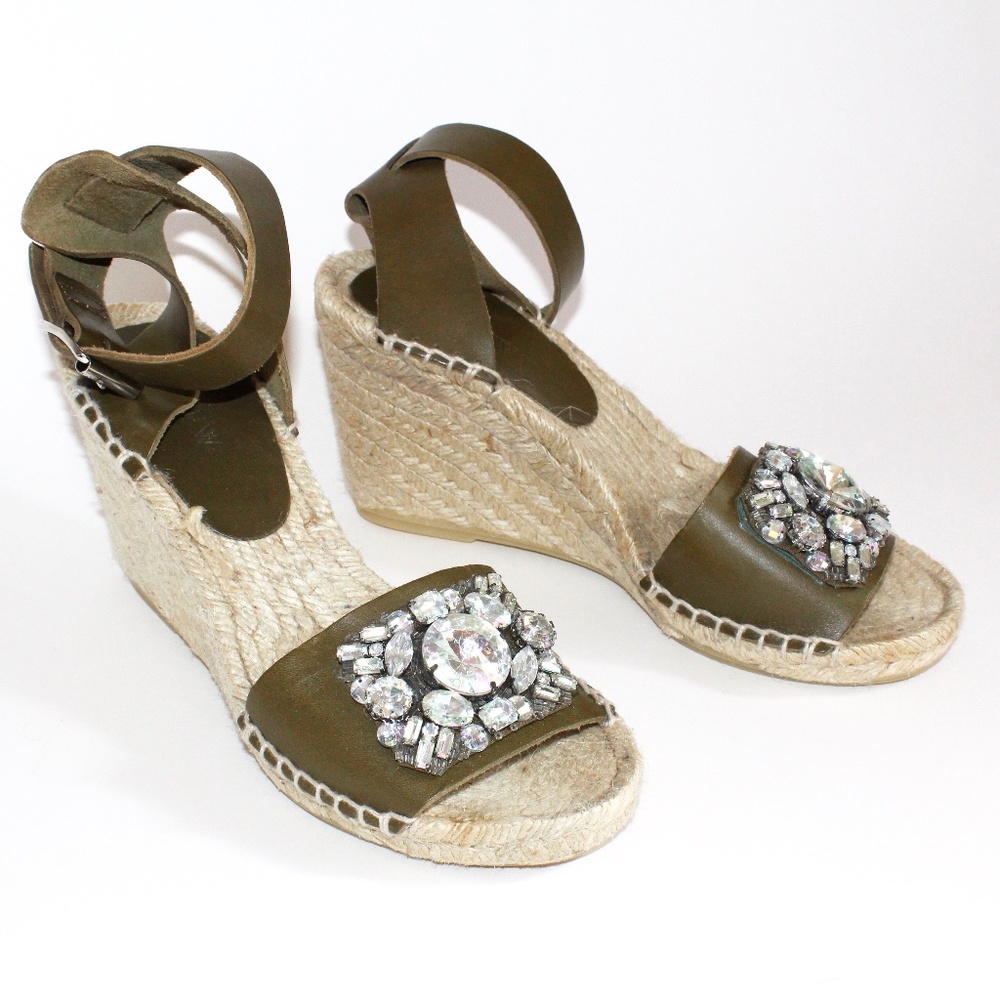 J. Crew Jeweled Vacchetta Olive Leather Espadrille Wedge Sandals
